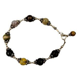 Earth Tone Stone Silver Bracelet Artisan Adjustable 7 to 8 Inch